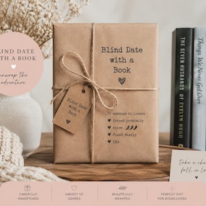 May include: A rectangular book wrapped in brown paper, tied with twine, and featuring a tag labeled Blind Date with a Book. The front cover includes the text Blind Date with a Book, followed by a list of tropes including enemies to lovers, forced proximity, spice, found family, and HEA.