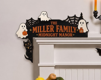 Personalized Ghost Family Door Corner Sign, Halloween Mantel Decor, Black Cat Wooden Sign, Spooky Fireplace Decor, Custom Family Gift