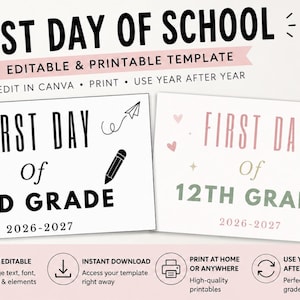 May include: Two rectangular signs with the text FIRST DAY OF SCHOOL. One sign features black text reading FIRST DAY Of 2ND GRADE 2026-2027 with paperclip and pencil icons. The other sign features pastel text reading FIRST DAY Of 12TH GRADE 2026-2027.