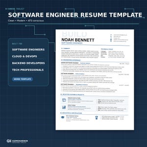 May include: A digital software engineer resume template featuring the name Noah Bennett, a summary, technical stack, engineering experience, selected systems and projects, and education sections. The document is formatted with blue and white text.