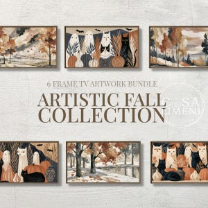 Op de afbeelding: Een bundel van zes ingelijste digitale kunstwerken met herfstthema's, waaronder landschappen met herfstbomen, geesten, zwarte katten en pompoenen. De tekst luidt 6 FRAME TV ARTWORK BUNDLE ARTISTIC FALL COLLECTION in warme oranje, bruine en zwarte tinten.