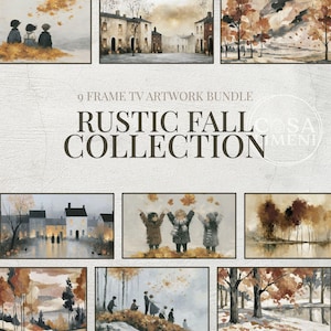May include: A digital bundle of nine landscape-oriented artworks featuring fall themes, including scenes of children playing in autumn leaves, quiet town streets, and wooded landscapes with orange and brown foliage, labeled 9 FRAME TV ARTWORK BUNDLE.