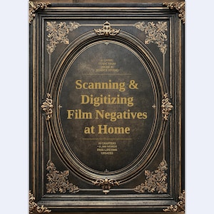 May include: A rectangular black frame with ornate gold filigree corners and an oval center containing the text: A LIVING GUIDE FROM NICHE & NUANCE STUDIO, Scanning & Digitizing Film Negatives at Home, 10 CHAPTERS, 11,000 WORDS, FREE LIFETIME UPDATES.