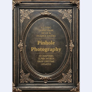 May include: A rectangular black frame with ornate gold filigree corners surrounds a dark background featuring gold text: A LIVING GUIDE FROM NICHE & NUANCE STUDIO, Pinhole Photography, 10 CHAPTERS, 13,700+ WORDS, FREE LIFETIME UPDATES.