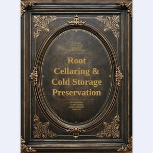 May include: A rectangular book cover with a dark, textured background and an ornate, oval-shaped gold frame. The text reads: A LIVING GUIDE FROM NICHE & NUANCE STUDIO, Root Cellaring & Cold Storage Preservation, 10 CHAPTERS, 10,000 WORDS, FREE LIFETIME UPDATES.