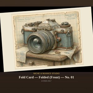 Op de afbeelding: Een illustratie van een vintage camera op een rasterachtergrond met de tekst Camera Design v2.0 en February 8, 1957. De camera heeft een blauwe textuur, metalen accenten en een grote lens, rustend op een houten oppervlak.