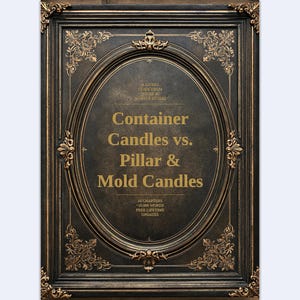 Könnte beinhalten: Ein rechteckiger schwarzer Rahmen mit verzierten goldenen Filigran-Ecken und einem ovalen Zentrum mit goldenem Text: A Living Guide From Niche & Nuance Studio, Container Candles vs. Pillar & Mold Candles, 10 Chapters, 10,000 Words, Free Lifetime Updates.