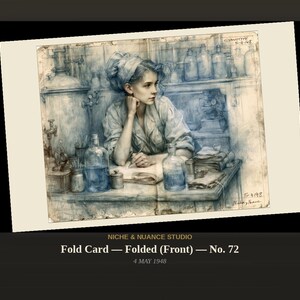Op de afbeelding: Een cyanotype-afdruk op een gevouwen kaart met een monochrome blauwe illustratie van een persoon in een laboratorium, schrijvend aan een bureau met glazen flessen. De tekst luidt Cyanotype 5-9-48 en 5-4-48 Niche & Nuance.