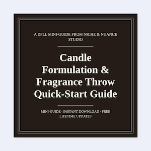 Könnte beinhalten: Ein quadratischer digitaler Leitfaden mit dunkelbraunem Hintergrund und weißem Text. Der Titel lautet Candle Formulation & Fragrance Throw Quick-Start Guide. Er enthält den Text A DPLL MINI-GUIDE FROM NICHE & NUANCE STUDIO und MINI-GUIDE INSTANT DOWNLOAD FREE LIFETIME UPDATES.