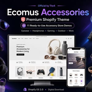 May include: A digital display of the Ecomus Accessories Shopify theme featuring a computer monitor and smartphone showing an e-commerce store interface. Surrounding the screens are various products including sunglasses, headphones, a mouse, a pickleball paddle, a water bottle, a smartwatch, a pet collar, and a carrying case.