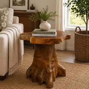 May include: A natural wood side table with a raw, organic tree stump base and a smooth, circular top. Resting on the table is a white ceramic vase containing a green leafy plant and two stacked books titled Live Beautifully and This Is Home.