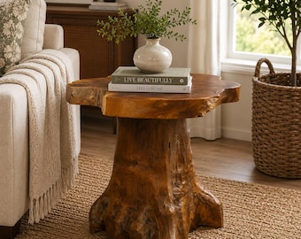 Handcrafted Teak Root Side Table – Rustic Live Edge Wood Accent Table, Handmade Home Decor