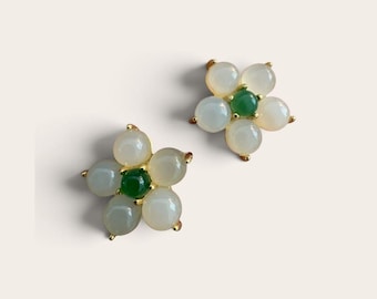 Nephrite Jade Cherry Blossom Earrings in Sterling Silver Backing