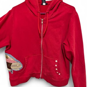 Vintage Red Zip Up Hoodie Patchwork Appliqué Y2K fish