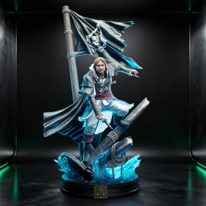 May include: A detailed figurine of a pirate character wearing a white and grey hooded coat with a red sash, standing on a wooden ship mast base with blue translucent water effects. A black pirate flag with a skull emblem flies on a tall pole.
