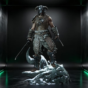 May include: A detailed figurine of a warrior wearing a horned helmet, leather armour, and fur-trimmed leggings. The figure stands on a snow-dusted dragon head base, holding a sword in the right hand and a dagger in the left, featuring intricate metal studs.