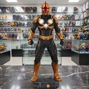 Peut inclure: Une figurine Nova debout portant une combinaison noire et dorée avec un emblème d'étoile rouge sur le casque. Le personnage présente des accents circulaires blancs sur la poitrine et les épaules, des gantelets et des bottes dorés sur un socle gris.