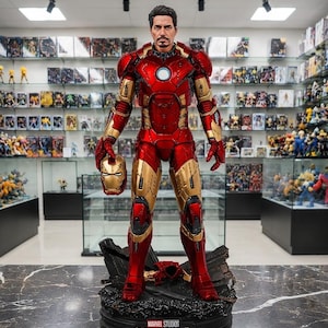 May include: A detailed Iron Man Mark IV collectible figure from Iron Man 2, featuring a metallic red and gold suit, an unmasked head sculpt, and a glowing chest arc reactor. The figure stands on a dark, textured base with an Iron Man 2 logo plate.