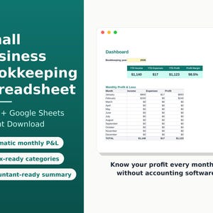 Hoja de cálculo para contabilidad de pequeñas empresas: Excel, Google Sheets, Profit Dashboard (Descarga digital)