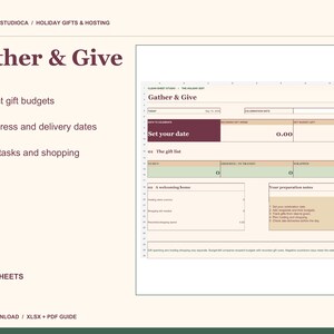 Peut inclure: Un modèle de feuille de calcul numérique intitulé Gather & Give, comprenant des sections pour les budgets de cadeaux, le suivi des cadeaux, les dates de livraison et les tâches d'organisation. Il inclut des tableaux pour la gestion des listes.