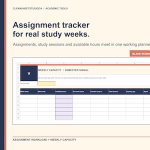 May include: A digital assignment tracker spreadsheet titled Semester Signal for academic planning. The layout features a dark blue sidebar, a cream background, and a table with columns for weekly capacity, study hours, and due work deadlines.