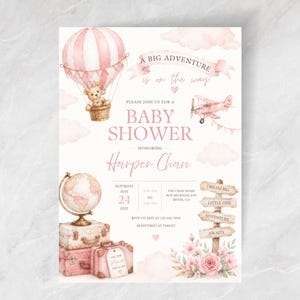 Großes Abenteuer erwartet dich! Rosa Aquarell-Einladung zur Babyparty für Mädchen (Digitaler Download)