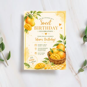 Mango Tropical Birthday Invitation, Editable Canva Template (Digital Download)