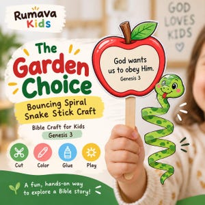 May include: A craft kit titled The Garden Choice Bouncing Spiral Snake Stick Craft featuring a red apple cutout with the text God wants us to obey Him. Genesis 3 and a green spiral snake cutout attached to a wooden stick for Bible story activities.