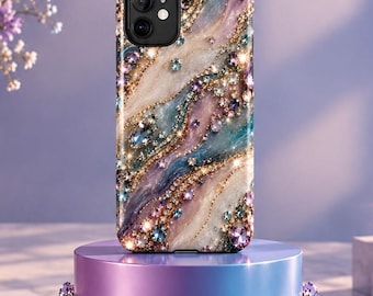 May include: A smartphone case featuring a swirling marble pattern in shades of teal, purple, and cream, embellished with numerous small, sparkling crystals throughout the design. The case has a black camera cutout on the upper left corner.