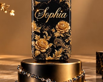 May include: A black smartphone case featuring a gold floral pattern and the name Sophia written in a cursive script. The design includes intricate gold leaves and blossoms set against a dark background, with a dual camera cutout at the top.