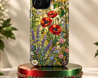 May include: A smartphone case featuring a stained glass style design with vibrant red poppies, purple lavender, a yellow sunflower, and small white and pink wildflowers. The case has a black camera cutout and rests on a cylindrical metallic stand.