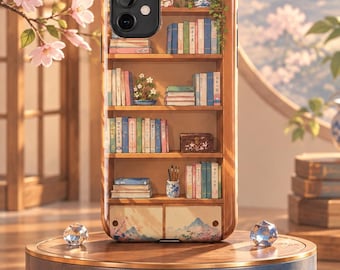 May include: A smartphone case featuring a printed design of a wooden bookshelf filled with various books, a small potted plant, a decorative box, and a miniature bonsai tree. The bottom section displays a painted landscape with mountains.