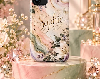 May include: A smartphone case featuring a marbled design in shades of pink, green, and white with gold accents. The name Sophie is written in elegant gold script across the center, accompanied by a small butterfly and floral illustrations.