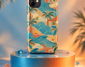 May include: A smartphone case featuring a repeating pattern of blue ocean waves, tan sandy beaches, green palm trees, and orange suns. The design includes small graphic elements like seashells and clouds in a stylized, colorful beach theme.