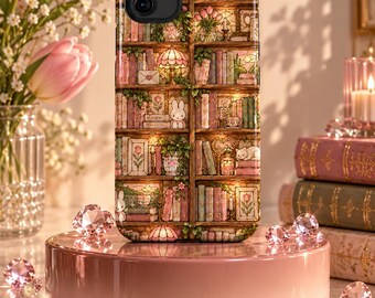 Personalized Miffy Bookish Phone Case, custom Stained Glass floral Bookshelf Case, iPhone 18 17 16 15 Samsung s26 s25, Book lover gift