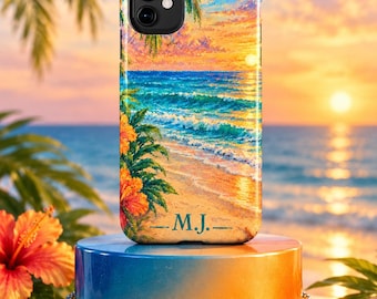 May include: A smartphone case featuring a vibrant sunset beach scene with turquoise ocean waves, orange hibiscus flowers, and palm fronds. The lower portion of the case displays the initials M.J. in a dark blue serif font centered above the bottom edge.