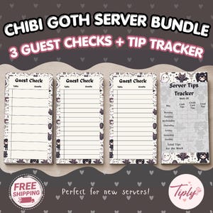 May include: A server bundle featuring three guest check pads and one server tips tracker pad. Each pad has a cream background with a black and white border pattern of chibi characters, ghosts, and bats. The text reads CHIBI GOTH SERVER BUNDLE.