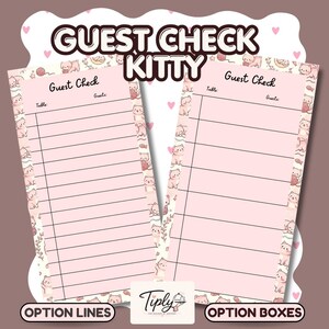 May include: Two rectangular guest check pads with a light pink background and black horizontal lines. The borders feature a repeating pattern of small kittens, yarn balls, and fish. The text GUEST CHECK KITTY, OPTION LINES, and OPTION BOXES is visible.
