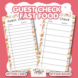 Könnte beinhalten: Zwei rechteckige Gästeblöcke mit weißem Hintergrund, schwarzen horizontalen Linien und dem Text Guest Check, Table und Guests. Die Ränder sind mit einem sich wiederholenden Muster aus bunten Fast-Food-Symbolen verziert.