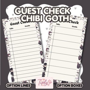 May include: Two rectangular guest check pads featuring a cream-colored background with black horizontal lines and text reading Guest Check, Table, and Guests. The borders are decorated with small chibi-style illustrations of ghosts, bats, skulls, and figures.