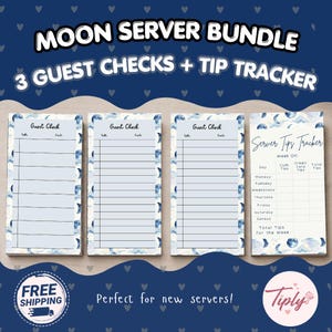 May include: A Moon Server Bundle featuring three guest check pads and one server tips tracker pad. Each pad has a blue and white moon and cloud pattern border. The guest checks have lines for table and guest numbers. The tracker lists days of the week.