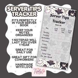 May include: A rectangular server tips tracker notepad featuring a light gray grid with columns for day, cash tips, credit card tips, and total tips. The top and bottom borders are decorated with cartoon ghosts, bats, and characters on a white background.