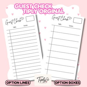 May include: Two white guest check pads with black printed lines, featuring the text Guest Check, Table, and Guests. The design includes a small heart icon and a rectangular box at the top. The background is light pink with small heart patterns.
