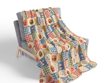 Fast Food Pattern Fleece Blanket | Burger Pizza Fries Sherpa
