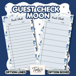 May include: Two rectangular guest check pads featuring a light blue background with horizontal lines and a moon and cloud pattern along the borders. The text Guest Check, Table, and Guests are printed at the top of each pad. The design includes a central label with the text Tiply.