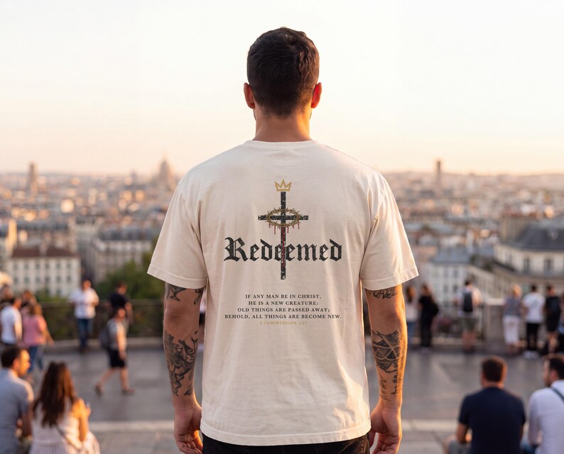 Op de afbeelding: Een cr&egrave;mekleurig T-shirt met korte mouwen en een afbeelding op de achterkant. Het ontwerp bevat een kruis met een doornenkroon, het woord "Redeemed" in zwarte gotische letters en de tekst "If any man be in Christ, he is a new creature."
