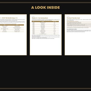 Puede incluir: Un documento digital titulado A LOOK INSIDE que muestra tres p&aacute;ginas blancas con texto negro. Las p&aacute;ginas contienen horarios de entrenamiento estructurados titulados Week 1 - STOP THE BLEED, Weeks 2-4 - the training block y The Don't-Text-Her Card.