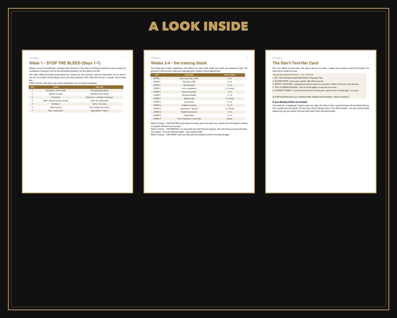 Puede incluir: Un documento digital titulado A LOOK INSIDE que muestra tres p&aacute;ginas blancas con texto negro. Las p&aacute;ginas contienen horarios de entrenamiento estructurados titulados Week 1 - STOP THE BLEED, Weeks 2-4 - the training block y The Don't-Text-Her Card.