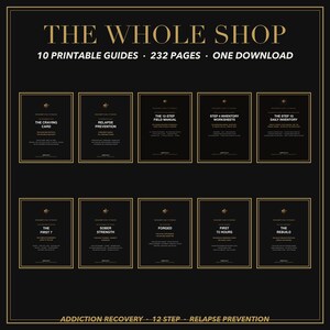 Puede incluir: Una colecci&oacute;n digital titulada THE WHOLE SHOP que incluye 10 gu&iacute;as imprimibles con un total de 232 p&aacute;ginas en una descarga. Los documentos negros con bordes dorados incluyen t&iacute;tulos como THE CRAVING CARD y RELAPSE PREVENTION.