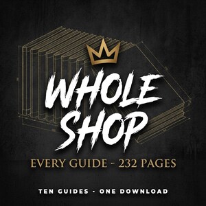 Puede incluir: Un gr&aacute;fico digital que presenta un icono de corona dorada sobre el texto blanco WHOLE SHOP. Debajo, el texto dice EVERY GUIDE - 232 PAGES y TEN GUIDES - ONE DOWNLOAD. El fondo muestra un dibujo t&eacute;cnico de l&iacute;neas de diez libros apilados.